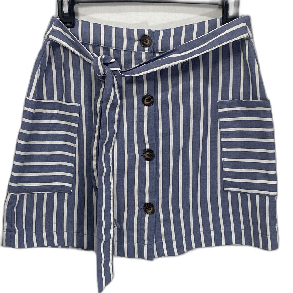 Altar'd State Button Striped Mini Skirt Tie Waist Pockets Womens S Blue White